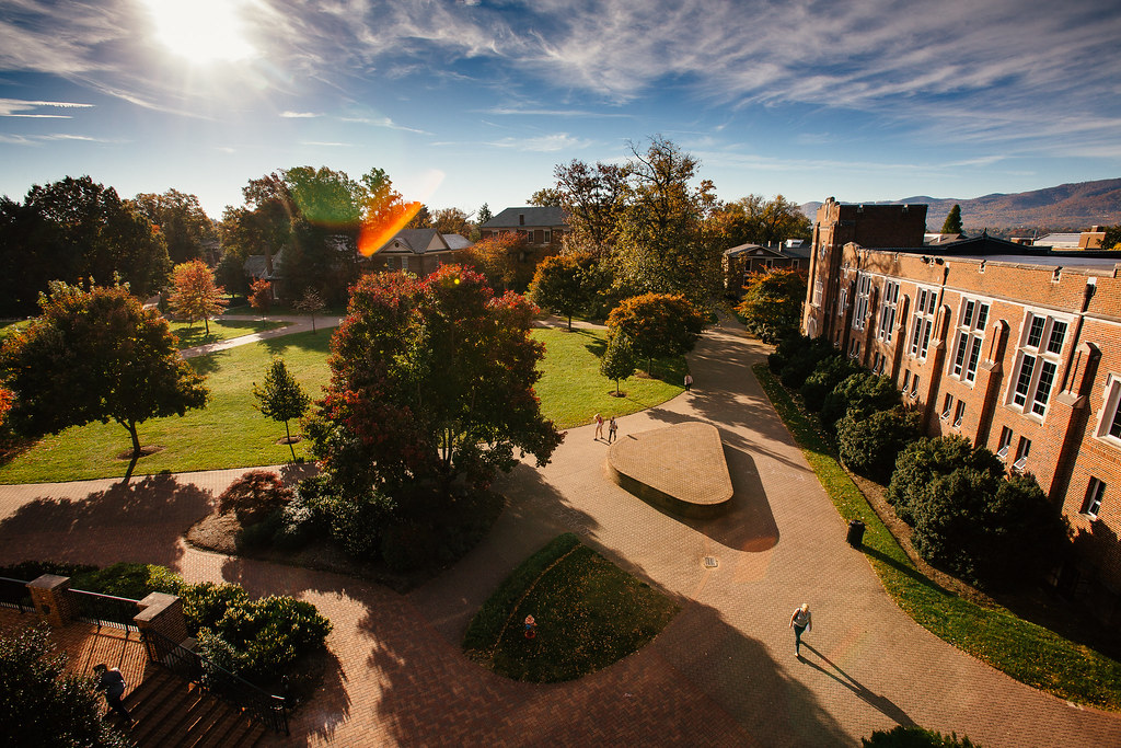 An aerial view of a private college campus in Virginia in the fall.