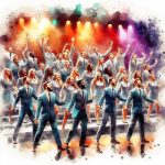 A watercolor painting of a college show choir on stage.