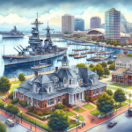 A painting maximizing the education aspect, featuring a city with a ship in the harbor.