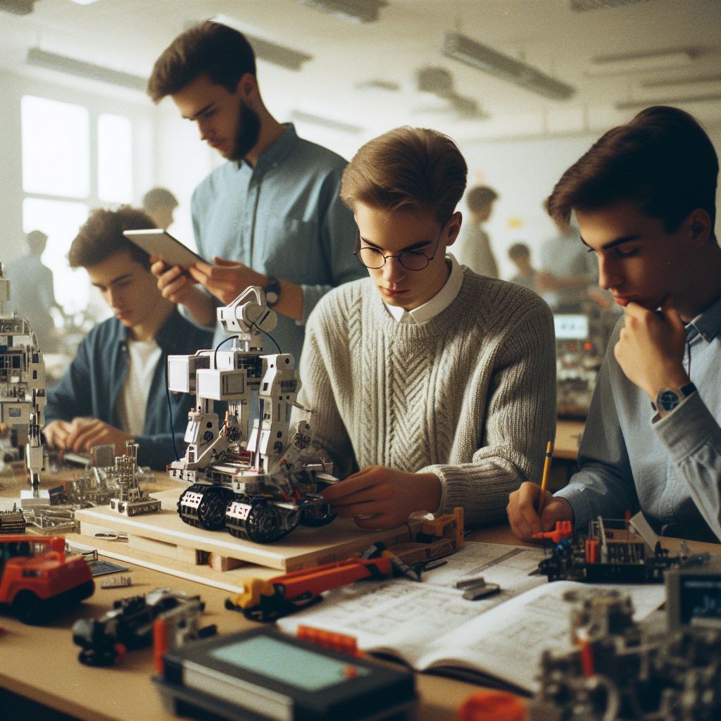 A group of young men engineering their dreams with legos in a private college classroom.