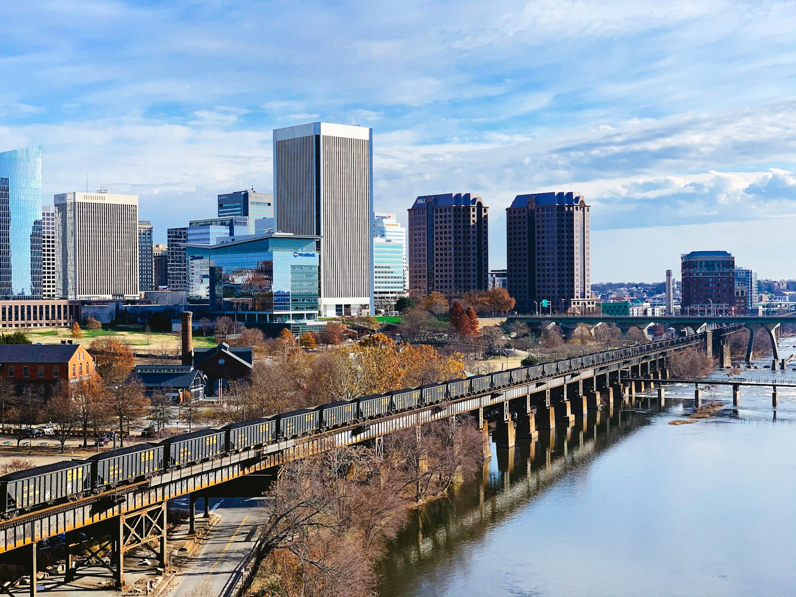 A bridge over the James river near Richmond VA and nearby colleges.