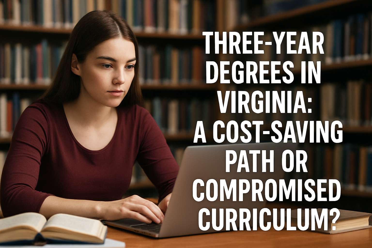 Young woman using a laptop in a library; text asks if three-year degrees in Virginia offer a cost-saving path or result in a compromised curriculum.